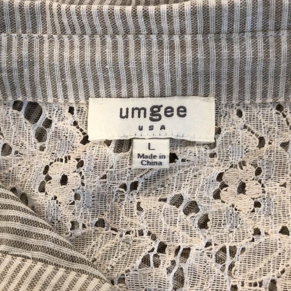 Umgee striped shirt beige with lace pattern SZ  L button down - Picture 7 of 10